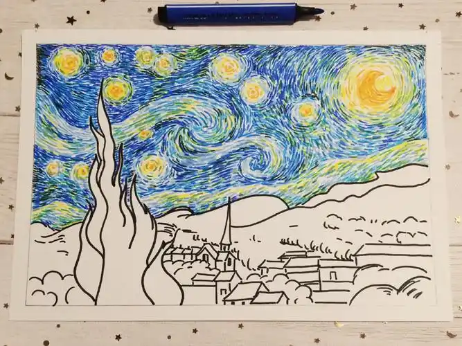 原作是油画,我们可以用现代的常见的绘画工具:水彩笔,马克笔,来临摹