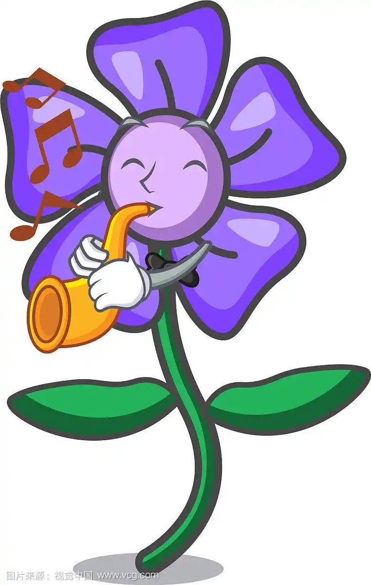 用喇叭装饰的长春花卡通吉祥物