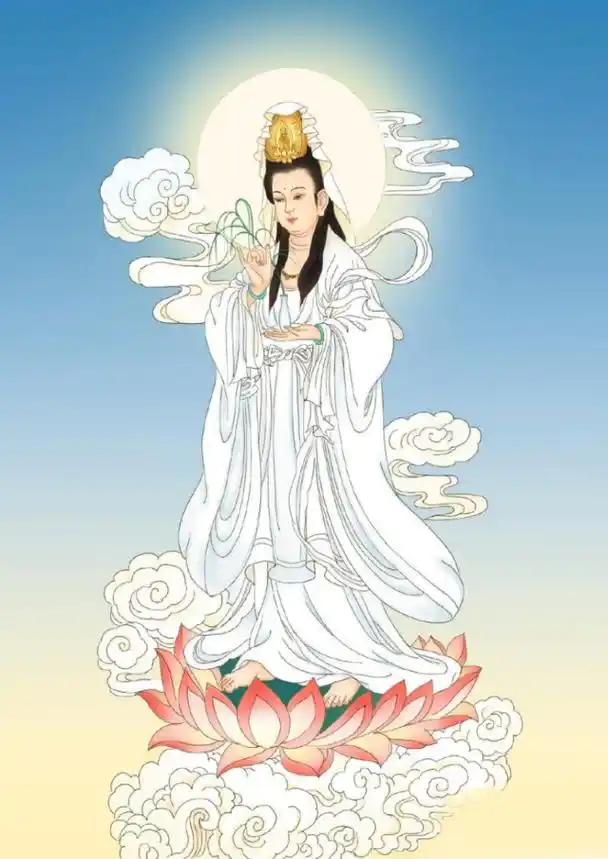 走到一个小寺院去了,这个寺院香火鼎盛,他看到观音菩萨坐在莲花台上受