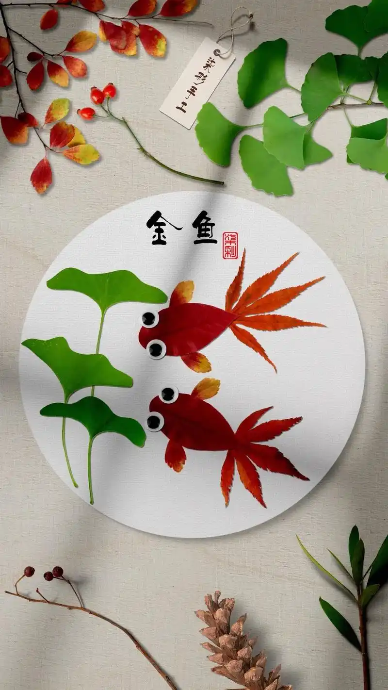 银杏叶树叶贴画.用银杏叶和枫叶做一幅可爱的金鱼#树叶贴画 吧 - 抖音