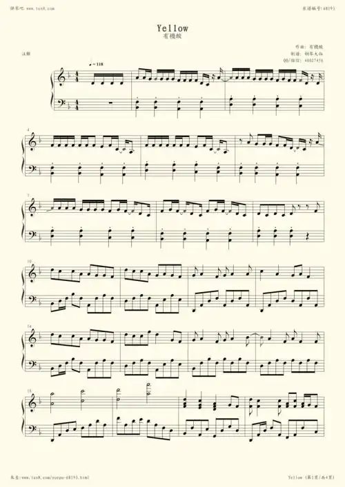 钢琴谱:yellow-有机酸