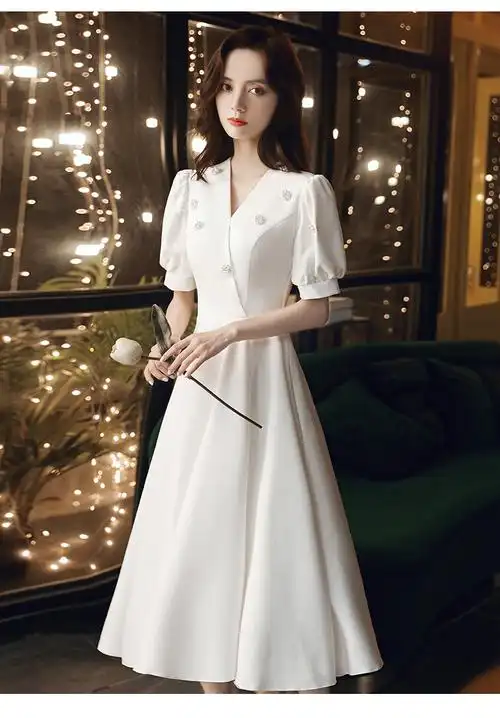 小个子伴娘服夏季中长款平时可穿十八成人礼女礼服女装m白色中长xs