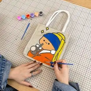 手绘帆布包涂鸦diy布袋麻布袋帆布袋自制麻布包材料包手工包卡通