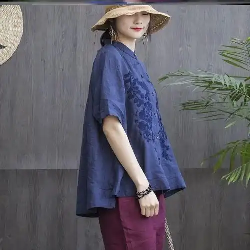 衬衫原创文艺纯棉衬衣立领上衣刺绣宽松大码女短袖素订棉麻女装