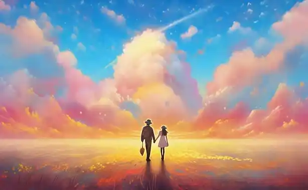 情侣牵手向远方走去唯美浪漫情人节爱情双人手绘插画温馨氛围感场景