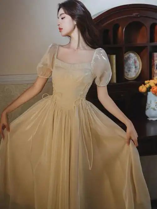 夏季2024新款法式复古绑带收腰轻礼服长裙高端精致公主连衣裙子女