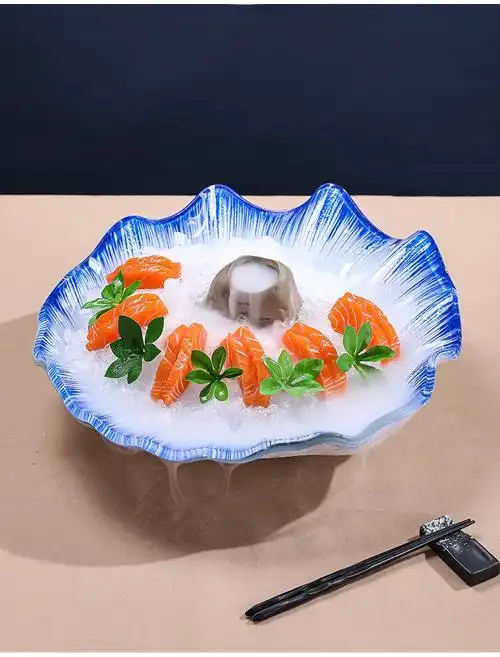 装海鲜餐盘 创意三文鱼冰盘拼盘海鲜刺身盘干冰玻璃盘子高端姿造摆盘