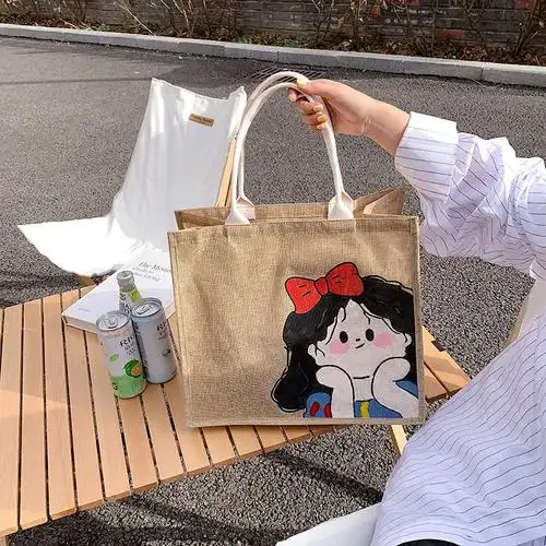 现货涂鸦diy复合仿麻涂色画画包手提袋手绘帆布包麻布包黄麻布袋