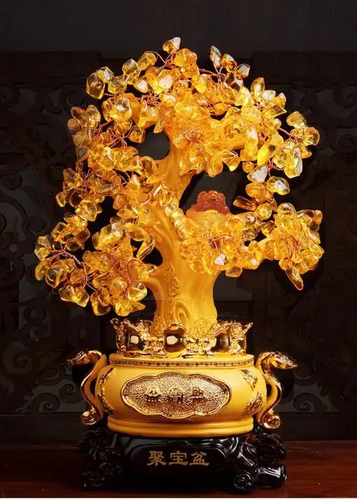 树摆件 黄水晶发财树摇钱树客厅酒柜装饰品聚宝盆树店铺新中式摆放礼