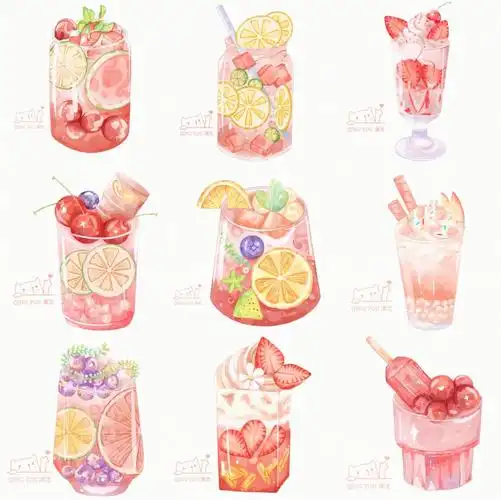 procreate水彩绘画夏日冷饮粉色系9宫格