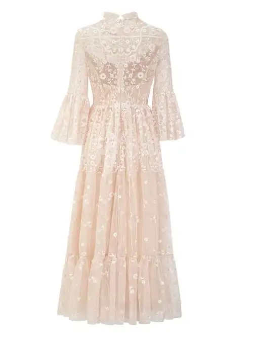 粉色串片小花朵网纱刺绣连衣裙7分长喇叭袖长款裙子生日晚会礼服