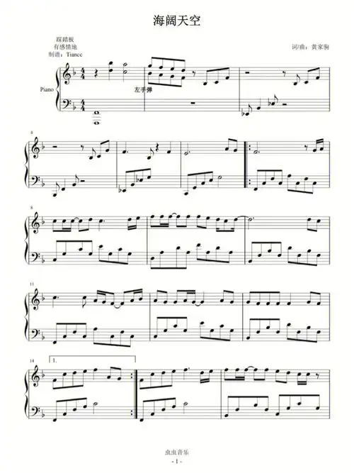 海阔天空五线谱77简谱