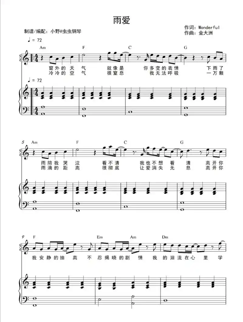 杨丞琳 #张含韵 #雨爱 钢琴弹唱谱,和弦谱 - 抖音