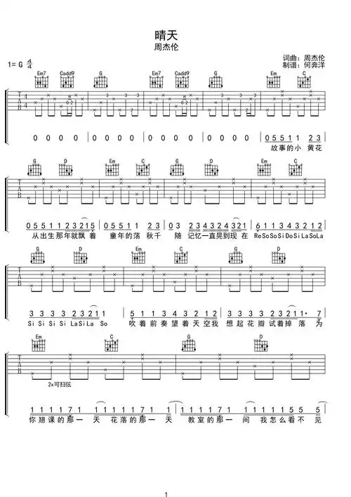 周杰伦《晴天》原调简单版g调六线pdf谱吉他谱-虫虫吉他谱免费下载