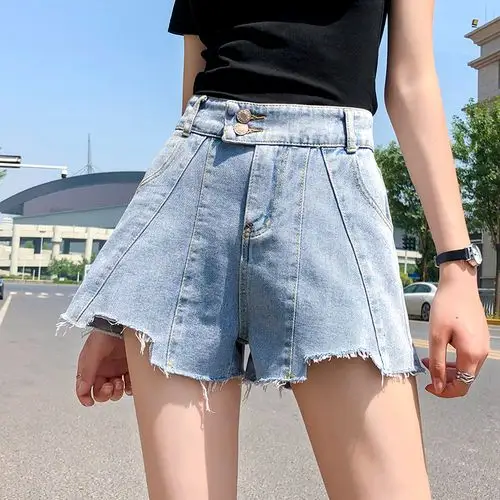 实拍高腰牛仔超短裤女夏季宽松显瘦阔腿a字百搭热裤薄款潮ins