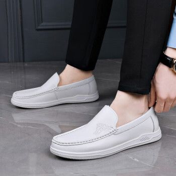 白色豆豆鞋男新款夏季真皮软底韩版潮流男鞋百搭透气休闲皮鞋男白色41