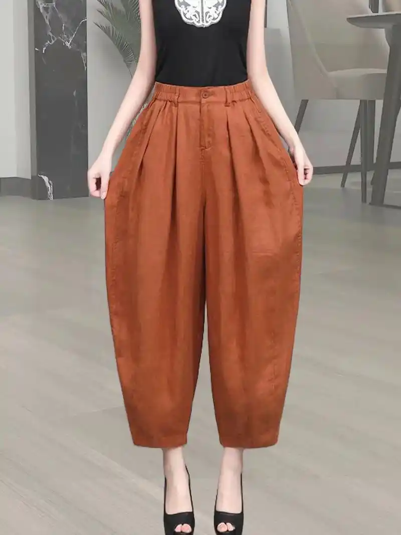 亚麻灯笼裤女松紧腰宽松文艺复古老爹裤