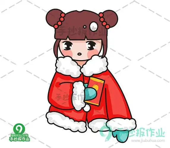 穿新年红衣服的手绘简笔画女孩