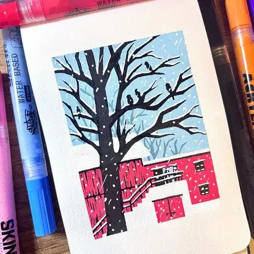 丙烯马克笔雪中的小红房子