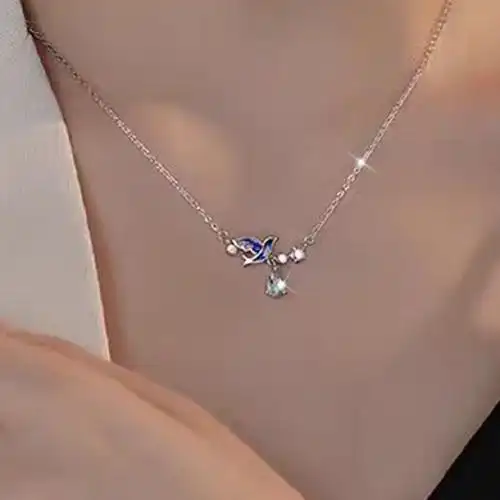 judi小鸟蓝色合成水晶项链女银轻奢小众设计感锁骨链小巧精致吊坠礼物