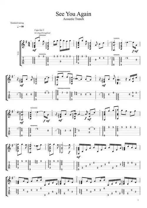 seeyouagain指弹谱吉他独奏谱指弹演示视频