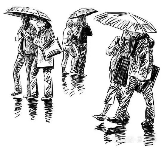 草绘的人在雨中