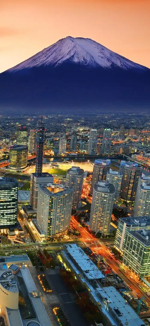 日本,富士山,城市,摩天大楼,灯火,黄昏 iphone 壁纸