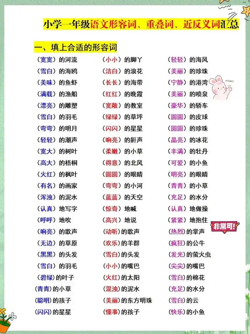 一年级常用形容词,重叠词,汇总大全.一共是15页,孩子们常考 - 抖音