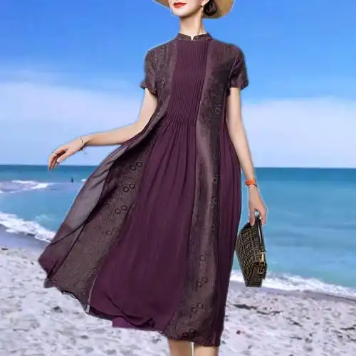 卡米兰2020夏新款高端紫色香云纱连衣裙中长款复古宽松中年妈妈裙