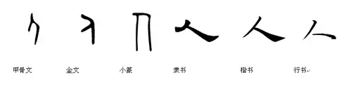 人"字从甲骨文 → 金文 → 小篆 → 隶书 → 楷书 → 行书的变化过程