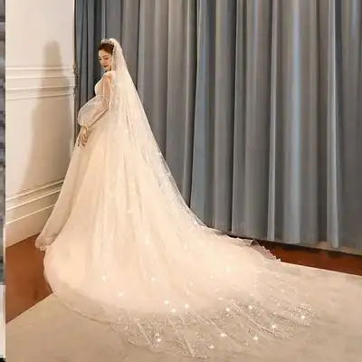超长款拖尾新娘婚纱香槟色法式领证结婚拖地遮面婚礼头饰头纱