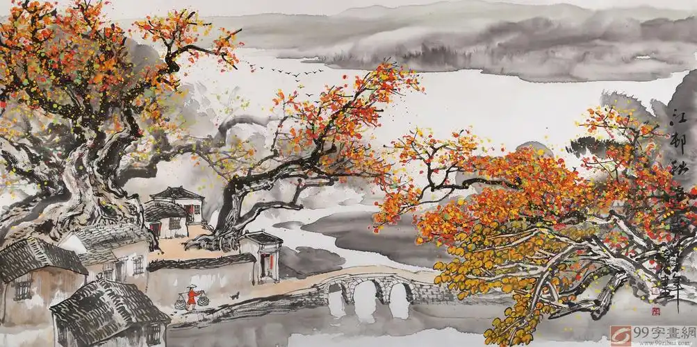 民盟美协理事黄奇松四尺国画《江邨秋色》 - 写意山水画 - 99字画网