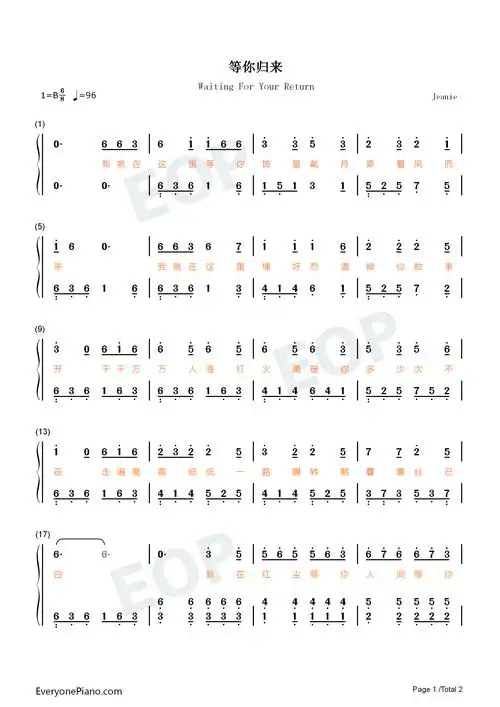 等你归来简单版我在红尘等你人间等你守繁华之外抖音热歌双手简谱预览