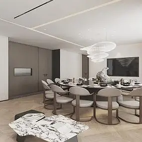 餐厅:一现代简约的设计风格,强调简洁,实用和美观的结合,再加灯光的