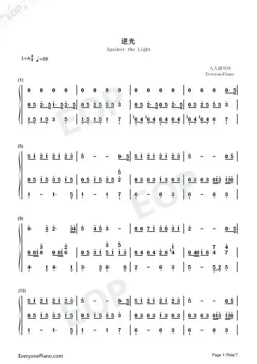 逆光-孙燕姿双手简谱预览1