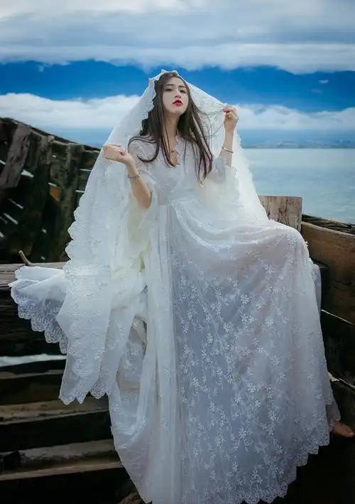 【新品上市】三亚海边度假沙滩裙白色蕾丝长款旅游拍照仙女飘逸大摆