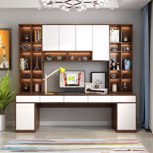 实木书柜台式桌组合家用电脑桌书桌一体桌简约书房学生写字台桌子