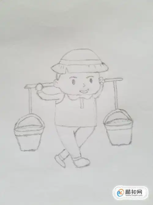 02我们首先画出小男孩的整个轮廓和肩上的扁担.