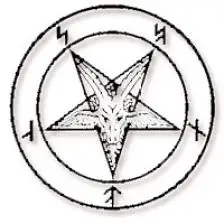 撒旦,这个符号由双重圆圈,顶点向下的倒五芒星加上里面的山羊头像组成