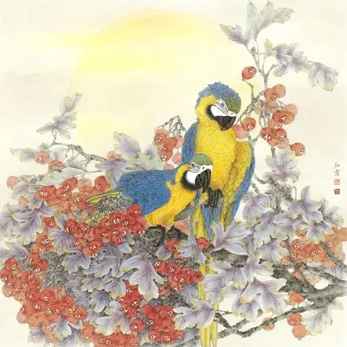 国色华彩齐红霞工笔画作品鉴赏