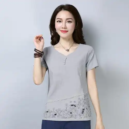 t恤上衣宽松短袖刺绣夏装棉麻体恤