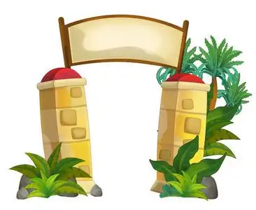 卡通场景,石柱入口,丛林植物和标志,白色背景,儿童插图装饰性城市公园