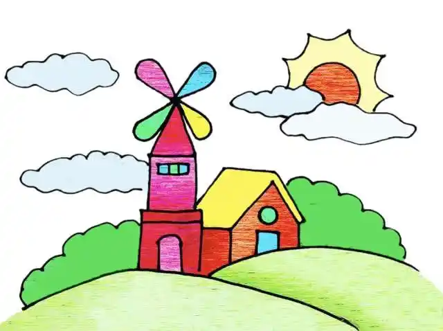 山顶风车风景彩色画法教程简笔画