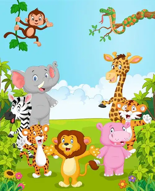 卡通快乐的动物与红色的汽车