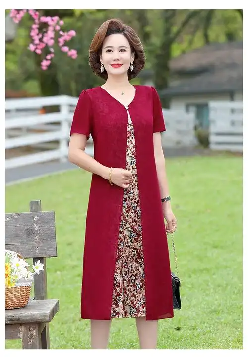 称美中老年女装夏装短袖连衣裙405060岁新款中年妈妈装夏季雪纺裙子中