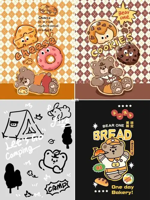 熊一美食露营线条小熊卡通头像插画(附壁纸)