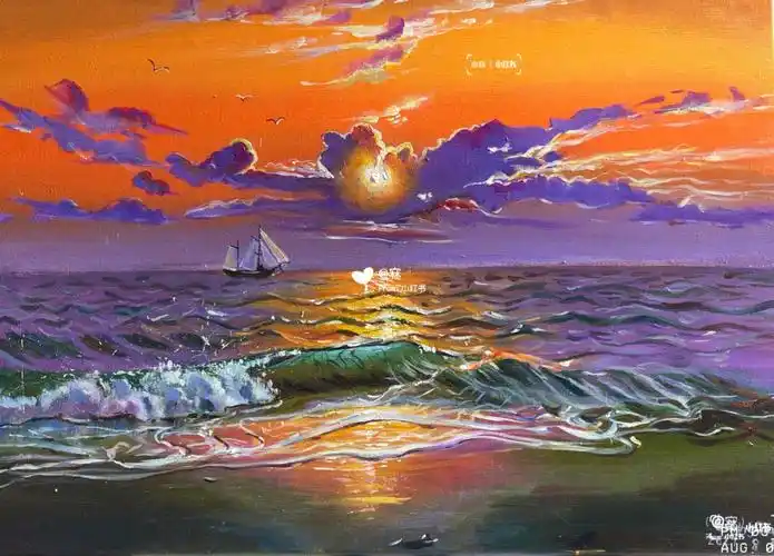 落日风景画手绘海边绘画作品余晖晚霞丙烯