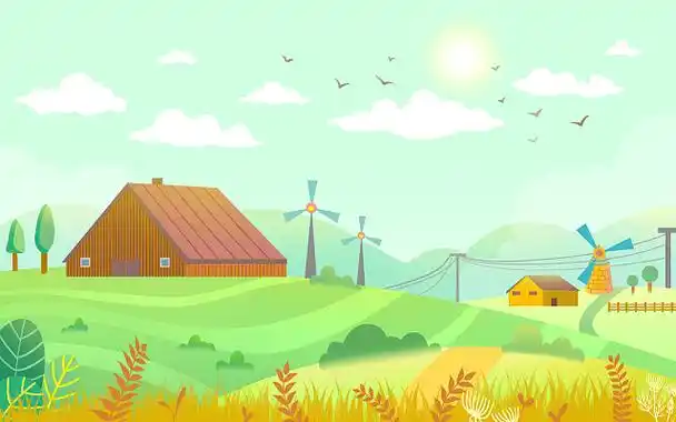 乡村卡通插画风景农村农场植物风车树木乡村插画