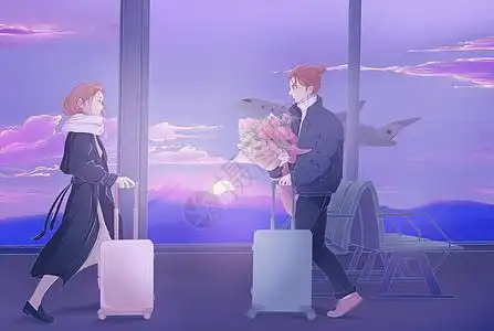 小清新情侣机场相遇场景情人节插画图片素材