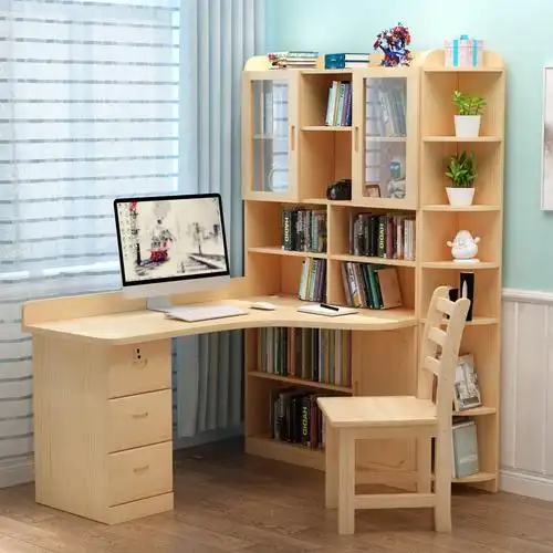 实木电脑桌转角书桌书架组合简约家用儿童学习写字桌卧室一体书柜